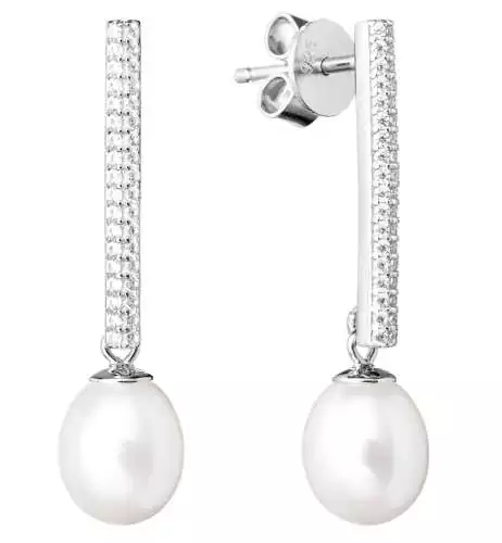 Eleganter Perlenohrring Steckverschluss lang weiß rund 8.5-9 mm, Zirkonia, 925er Silber, Gaura Pearls, Estland
